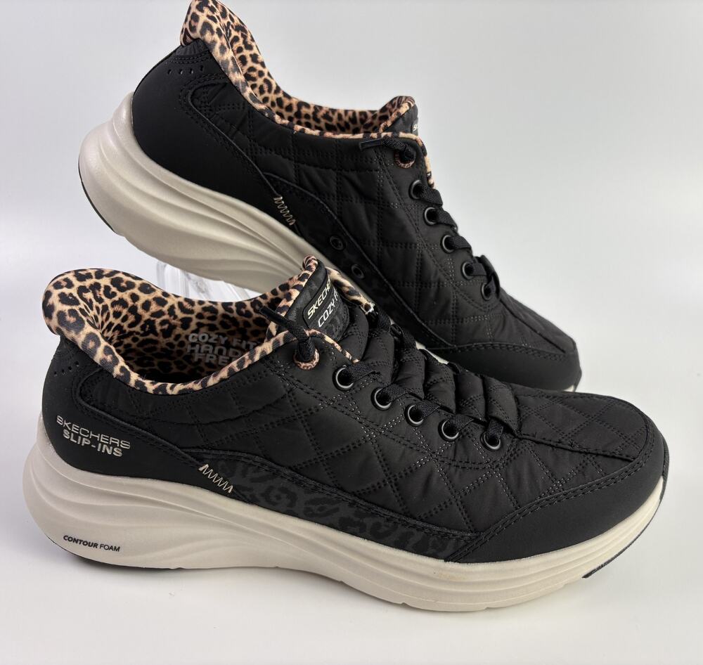 Skechers Women’s Slip ins Cozy Fit Leopard Dream Shoes Black/Brown Size: 7.5
